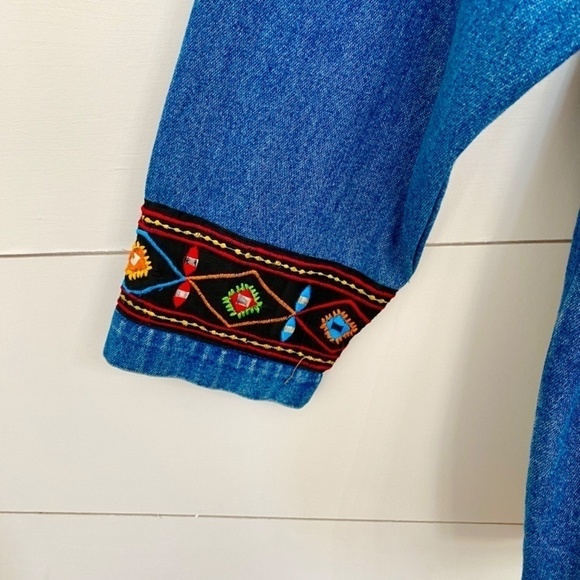 Life Style Y2K Embroidered Patchwork Denim Jean Button Down Shacket Jacket Shirt - Picture 5 of 10